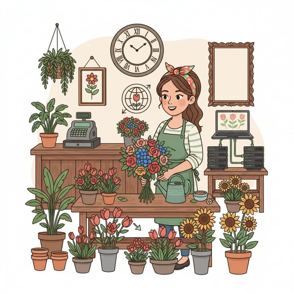 Comic-Darstellung eines Floristen beim Binden eines Blumenstraußes in einem Blumenladen