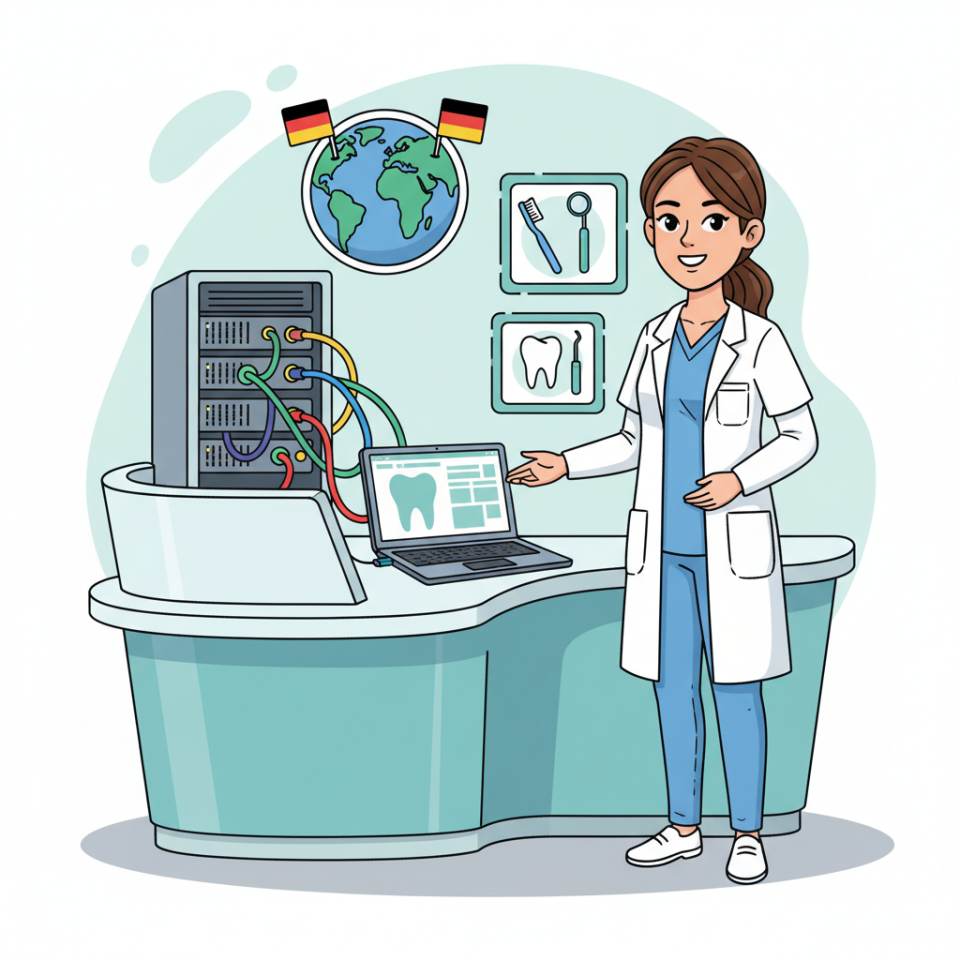 Comic-Darstellung einer Zahnmedizinischen Fachangestellten mit Instrumententray und Patientenakte in einer Zahnarztpraxis