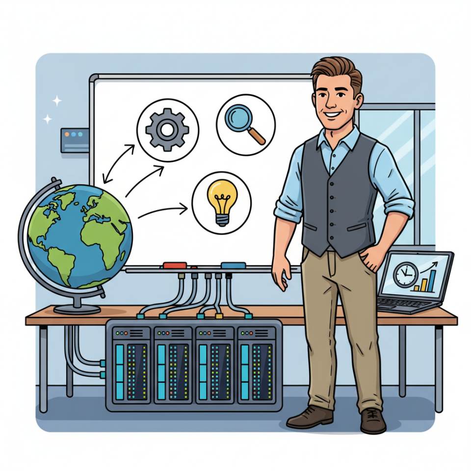 Comic illustration of a project staff member with laptop, task list, project plan and team coordination at a desk in a project office