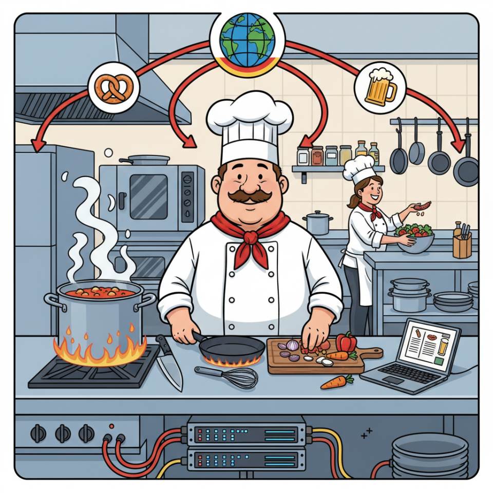 Aşçı şapkası, tava, taze malzemeler ve ocakla mutfakta bir aşçı çizgi roman tasviri